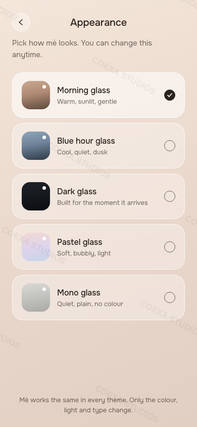 Mè app, Appearance screen